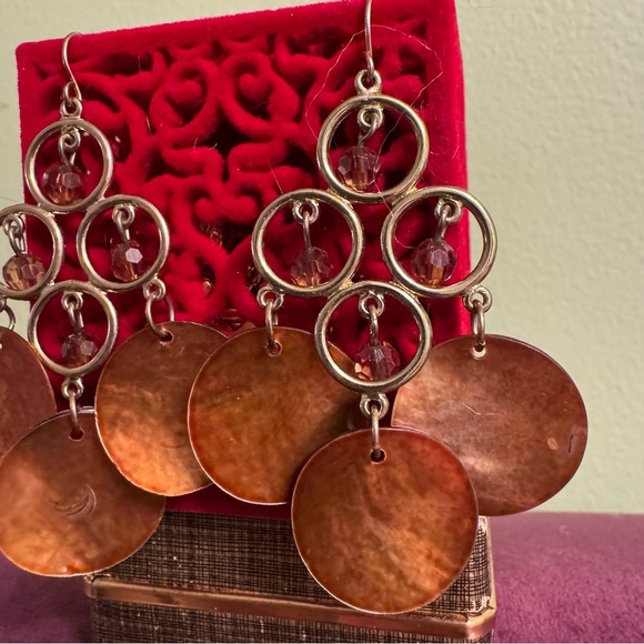 ⚜️3 for $30⚜️Vintage Polished Shell Dangle Earrings Copper Tone Silver Fish Hook - Picture 4 of 9